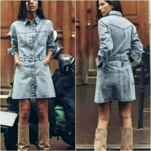ZARA, New, Stonewash Denim Button Front Mini Blue Jean Shirt Dress, Size XL